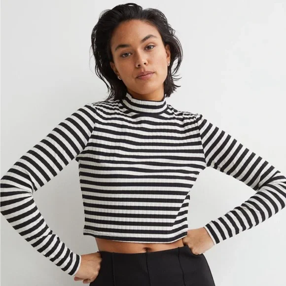 H&M Striped Cropped Mock Neck Top - Picture 1 of 7